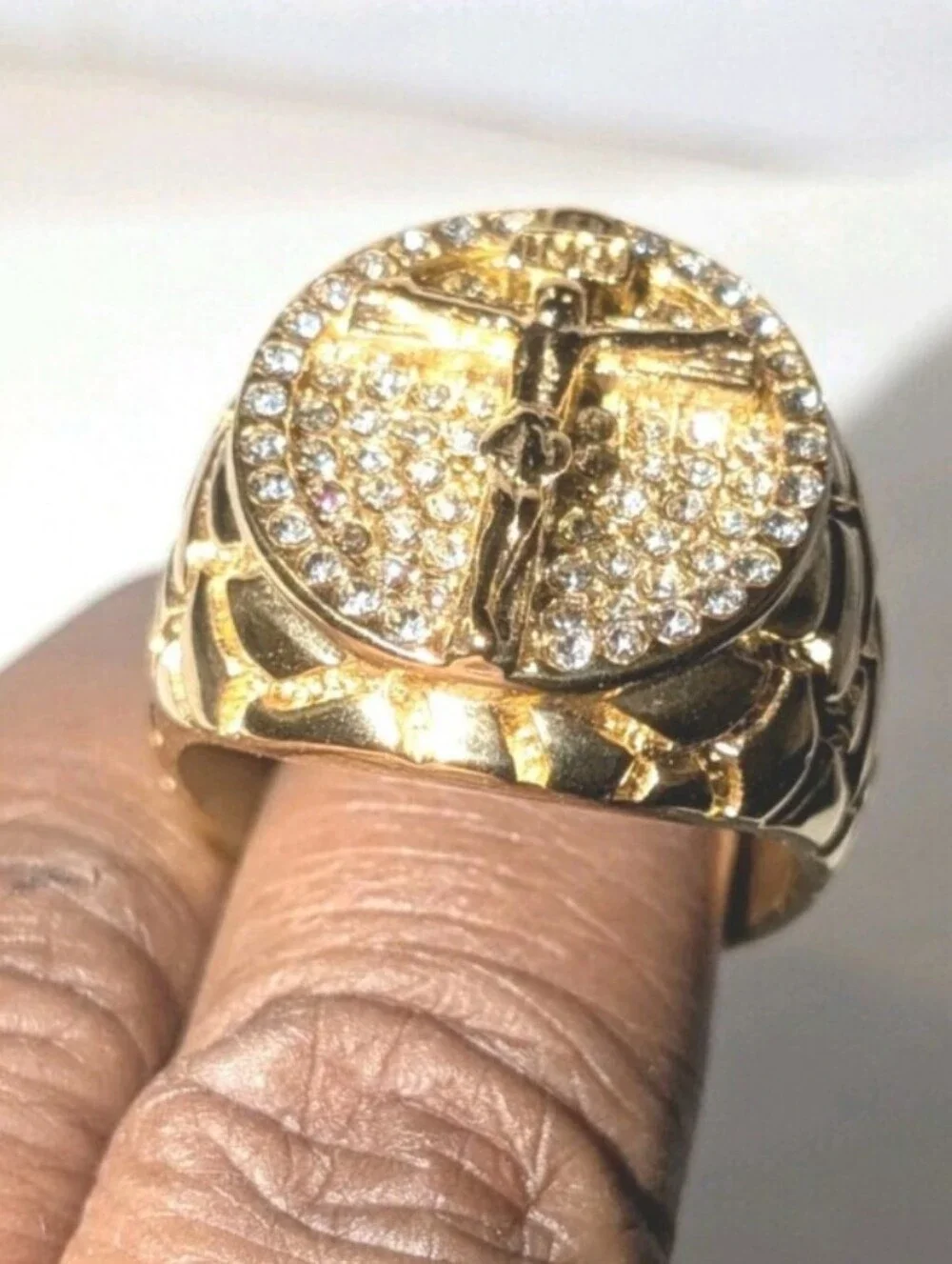 3ct Round CUT MOISSANITE MENS 14K YELLOW GOLD PLATED JEANS CRUSIFIX RING SZ 11